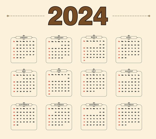 Vettore calendario di 2024 pagine in stile minimal per il nuovo anno