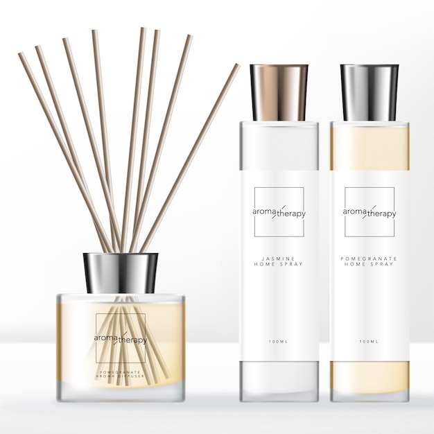  minimal style aroma diffuser set with silver cap home spray clear bottle.