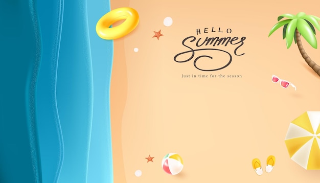 夏のビーチポスター - 柔らかい波の海星サンダル - 砂の上に浮かぶリングと貝 - 季節的なプロモーション,旅行広告,夏の背景に最適です.