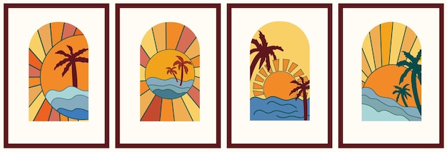 Minimal Sunset poster the sea with a palm trees. Set Vintage background Morning sunrise.