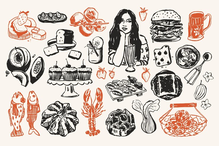 Minimal vector food and beverage doodle collection for postcards or posters