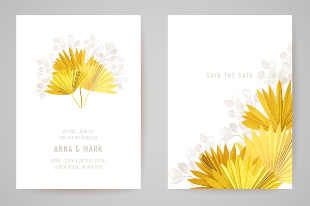 最小限の結婚式の招待カードテンプレートデザイン、熱帯のヤシの葉、ルナリアの花フレームセット、乾燥パンパスグラス水彩ベクトル。日付を保存モダンなポスター、トレンディな豪華な背景