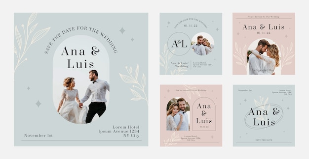 Vector minimal wedding with leaves instagram posts