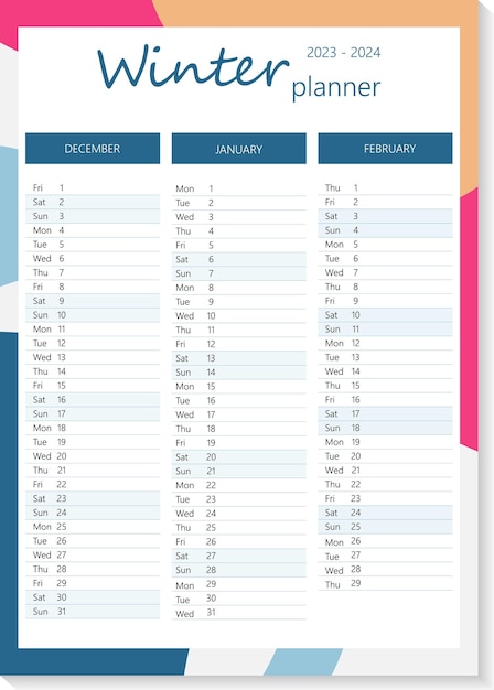 Vector minimal winter planner sheet for december january and february