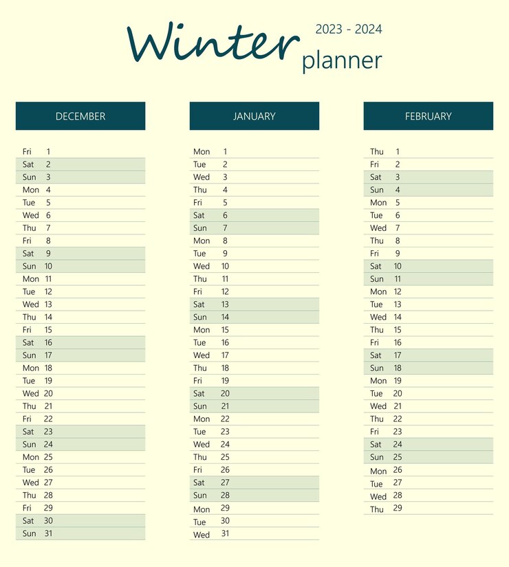 Vector minimal winter planner sheet for december january and february