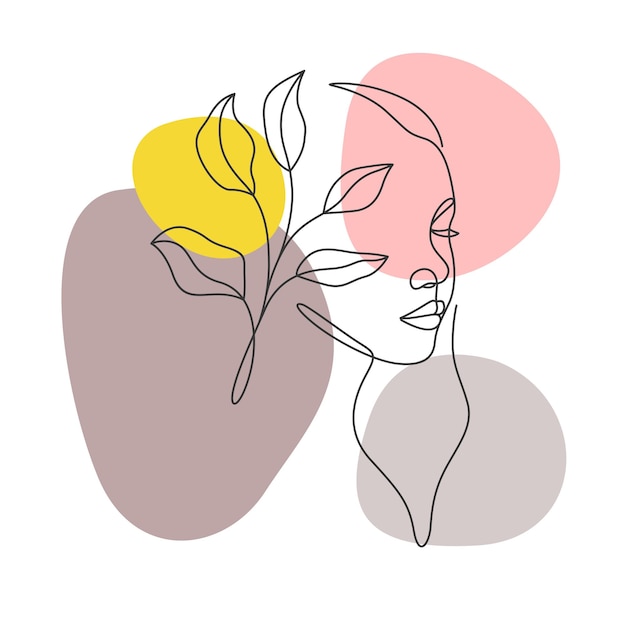 Minimal woman face and leaves in line art style
