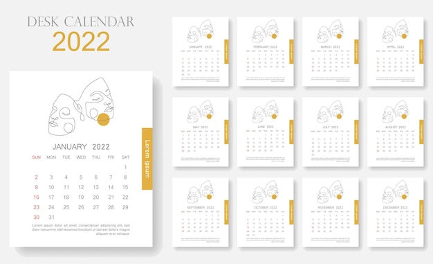 Minimal women face line art desk calendar 2022