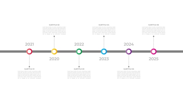 Minimale 6 stappen Infographic Timeline Template Presentatie met cirkelvormige elementen Iconen en tekstboxen Vector illustratie