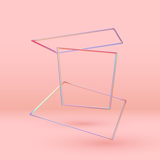 Minimale abstracte achtergrond met gradiënt hologram blauwe en roze kleur elementen vierkant frame levitatie in de ruimte. Poster met realistische 3D geometrische volumetrische vormen. Vector illustratie