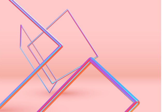 Minimale abstracte achtergrond met gradiënt hologram blauwe en roze kleur elementen vierkant frame levitatie in de ruimte. Poster met realistische 3D geometrische volumetrische vormen. Vector illustratie