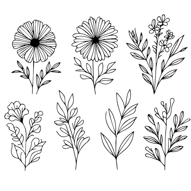 minimale botanische grafische schets tekening trendy kleine tatoeage ontwerp bloemige elementen vector