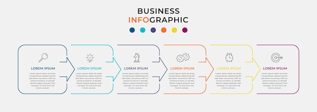 Minimale dunne lijn Business Infographics sjabloon. Tijdlijn met 6 stappen, opties en marketing iconen. Vector lineaire infographic met twee cirkel verbonden elementen. Kan gebruikt worden voor presentatie.