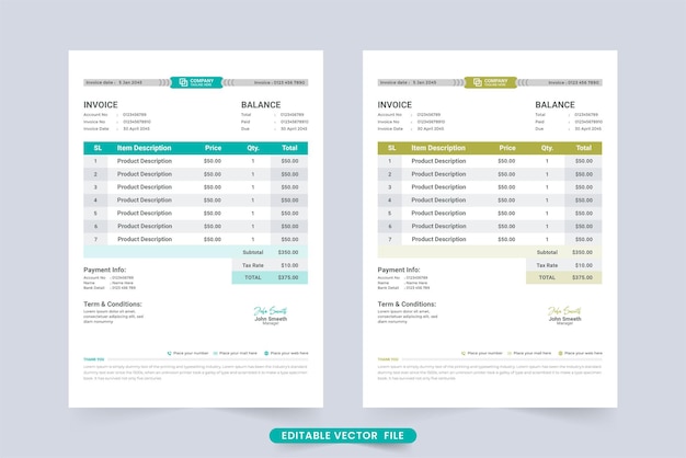 Minimale factuursjabloonvector voor zakelijke factuurberekening betalingsovereenkomst en factuurfactuursjabloon met donkere cyaan en gele kleur product koop- en verkoopprijsontvangstontwerp met productinfo