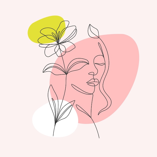 Minimale hand getekende illustratie van mooie vrouw en bloemen. lijn kunststijl