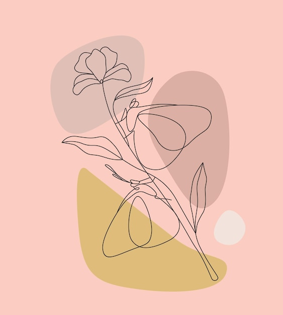 Minimale handgetekende illustratie van bloemen en vlinders één lijnstijltekening