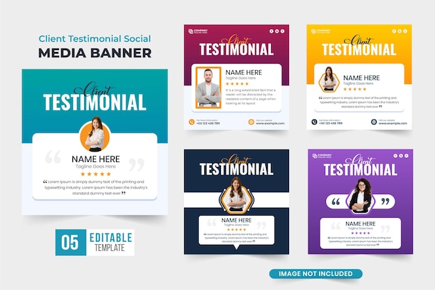 Minimale klantrecensie lay-out ontwerpbundel voor websites en social media marketing klantenfeedback en getuigenissjabloonverzameling met aqua en paarse kleuren koperrecensie social media post set