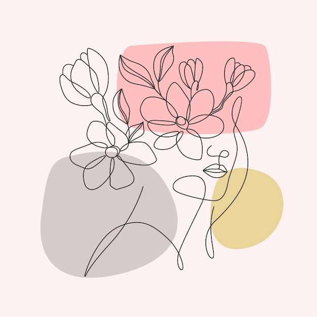 Vector minimale lijntekeningen van het gezicht van de vrouw en bloemen