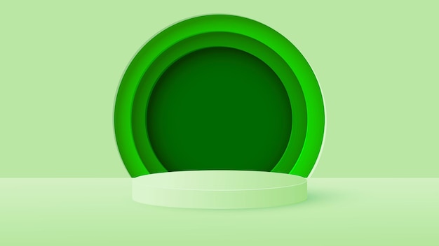 Minimale scène met een groen cilindrisch podium en een rond frame in groene tinten. Podium voor productdemonstratie, showcase. vector illustratie