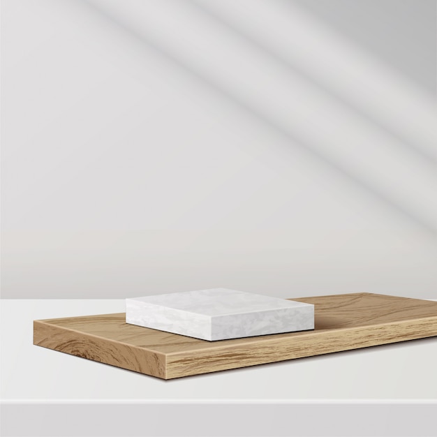 Minimale scène met geometrische vormen. marmeren podium op houten podium met zonlicht op witte achtergrond. Scène om cosmetisch product te tonen, vitrine, winkelpui, vitrine. 3D-afbeelding.