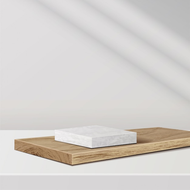 Minimale scène met geometrische vormen. marmeren podium op houten podium met zonlicht op witte achtergrond. scène om cosmetisch product te tonen, vitrine, winkelpui, vitrine. 3d-afbeelding.