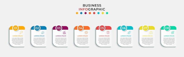 Minimale zakelijke infographics sjabloon. Tijdlijn met 8 stappen, opties en marketingpictogrammen