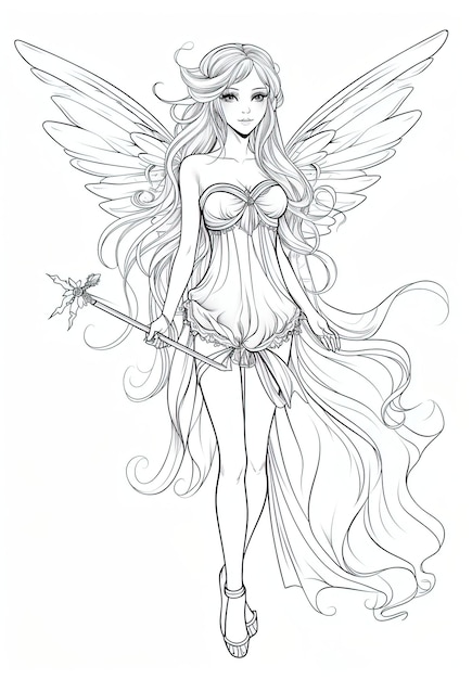 Minimalism sketch beautiful girl long blond hair full body with magic wand wings coloring book page