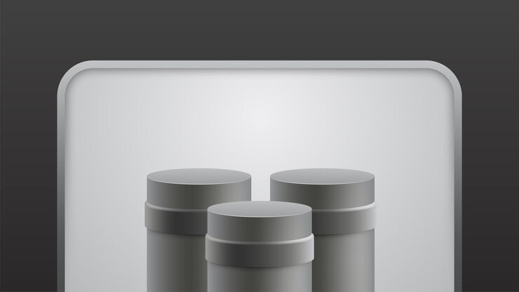 Vector minimalist 3d podium with three metallic cylinders in front of rounded rectangular background