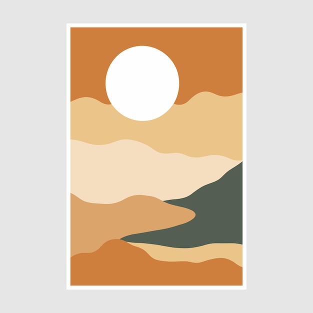 Minimalist abstract background with desert mountains and sun Flat vector