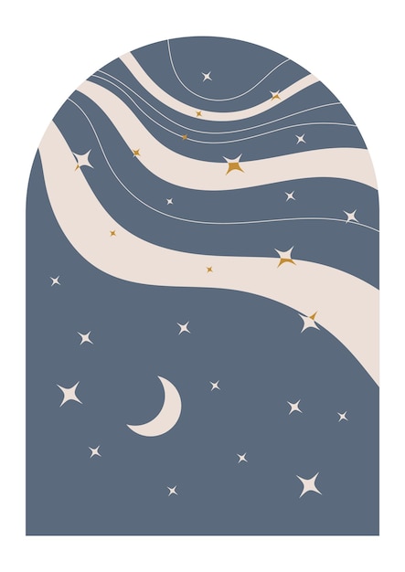 Vector minimalist abstract bohemian art with moon and stars