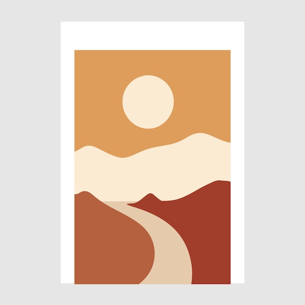 Minimalist abstract desert mountain background with mountains and sun Vector illustration