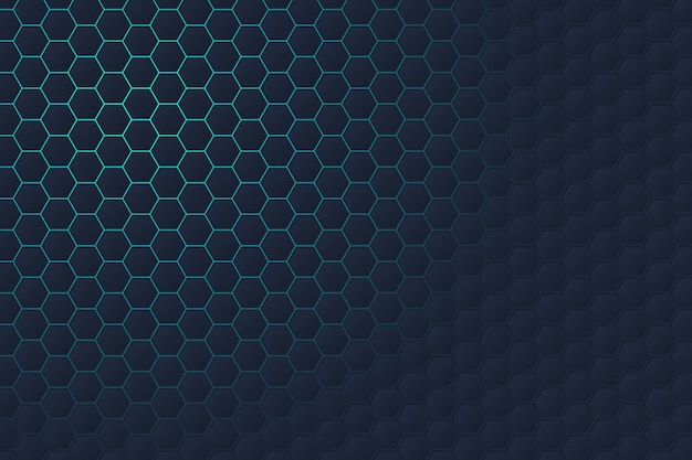 Minimalist abstract geometric hexagon grid dark background with blue gradient backlight