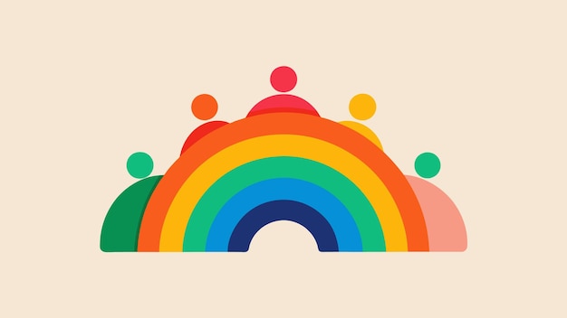 A minimalist and abstract illustration of a community coming together to create a rainbow