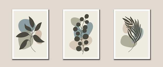 Vector minimalist abstract leaves line art botanical art prints mid century modern wall art