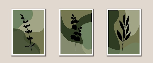 Минималистское абстрактное искусство в виде листьев. Ботанические репродукции. Современное настенное искусство середины века.