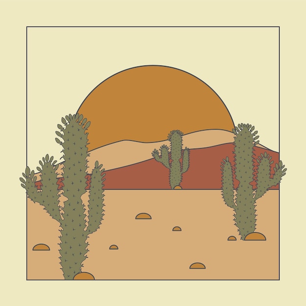 Vector minimalist aesthetic illustration with cactus in desert earth tones beige colors boho wall decor mid century modern minimalist art square print