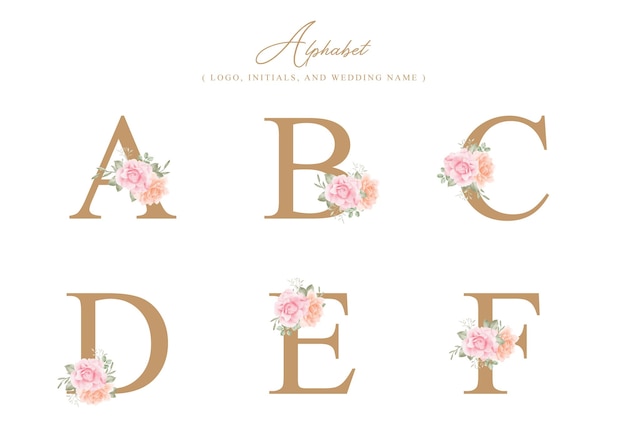 Minimalist alphabet decoration with watercolor floral for logo initial wedding name