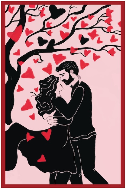 Vettore arte minimalista di un uomo e una donna che si abbracciano sotto un albero illustrazione vettoriale personalizzata