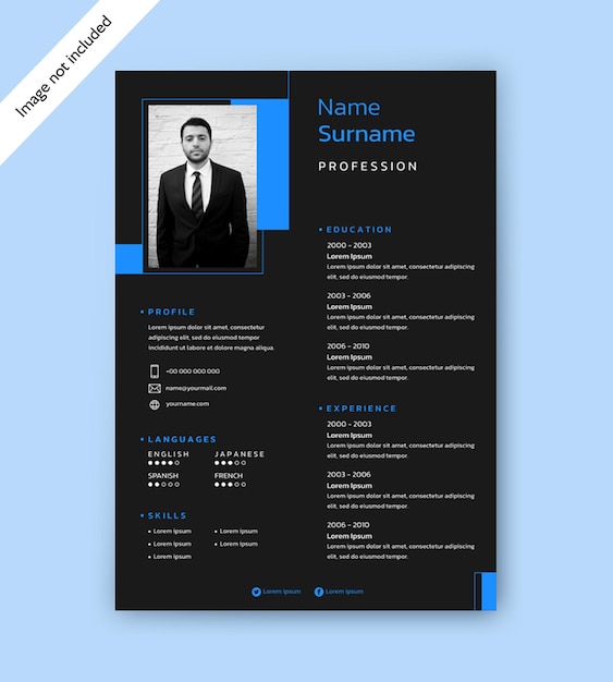 Minimalist black and blue curriculum vitae template design vector