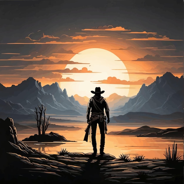 Vector minimalist black ink wild west at dusk silhouette of a cowboy