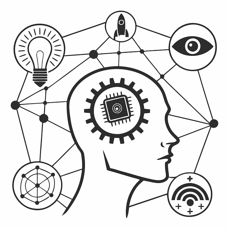 Vector minimalist black and white illustrations of circuit boards and ai concepts