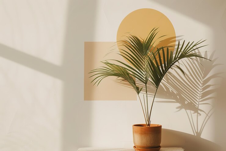 Vector minimalist boho poster palm plant in terracotta pot sun simple shapes beige and mustard yellow color palette white background ar 32 job id 8a8256bd27404427a509155787e88d76