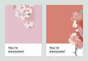 Vector minimalist botanical greeting card template design somei yoshino sakura and japanese quince flowers