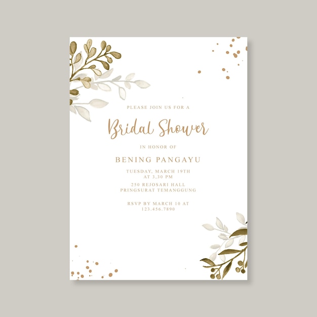 Minimalist bridal shower card template with watercolor leaves