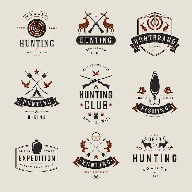 Minimalist brutal hobby leisure activity society vintage logo set vector illustration collection hunting fishing camping hiking expedition shooting weapon target retro emblem branding identification