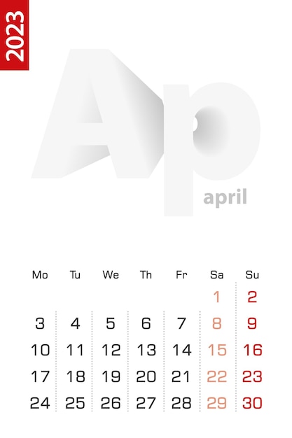 Вектор Минималистский шаблон календаря на апрель 2023 векторный календарь на английском языке
