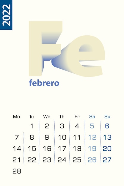 Минималистский шаблон календаря на февраль 2022 года, вектор календарь на испанском языке.