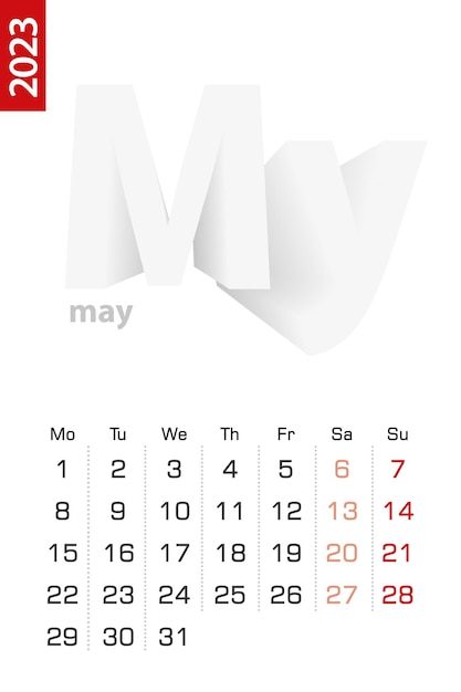 Вектор Минималистский шаблон календаря на май 2023 векторный календарь на английском языке
