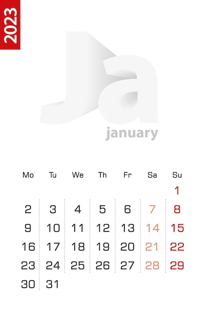 Modello di calendario minimalista per il calendario vettoriale di gennaio 2023 in inglese