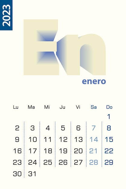 Minimalist calendar template for January 2023 vector calendar in Spanish language