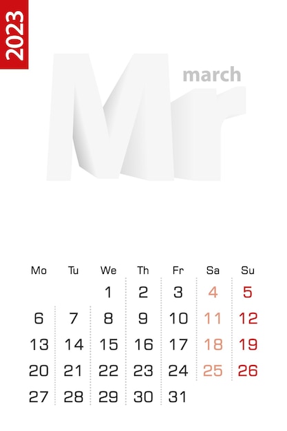 Minimalist calendar template for March 2023 vector calendar in English